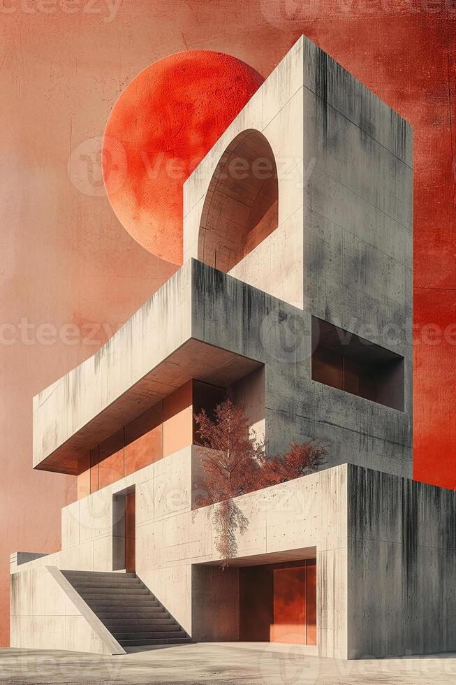 A modern architectural structure with a bold concrete design against a dramatic red sky. photo