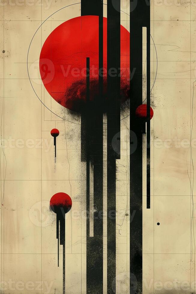 Abstract geometric design featuring bold red circles and vertical black lines on a textured background. photo