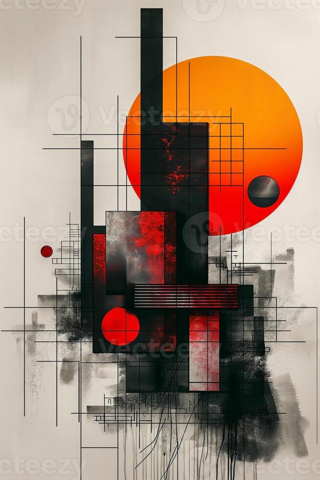 A bold abstract composition featuring geometric shapes in black, red, and orange, evoking a modern, dynamic atmosphere. photo