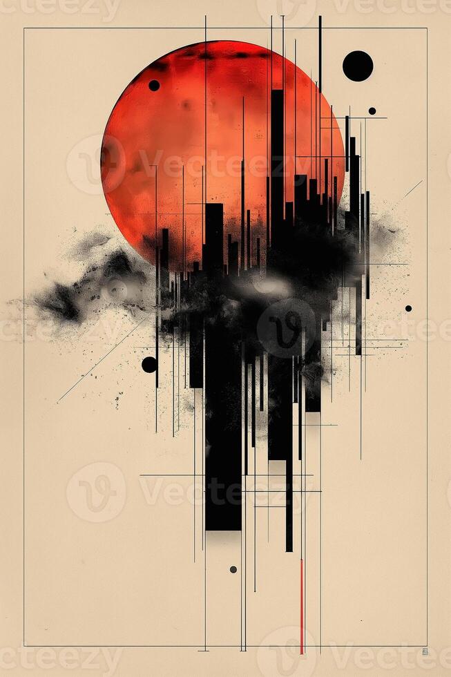 A striking abstract artwork depicting a large red sun amidst geometric black structures and wisps of smoke. photo