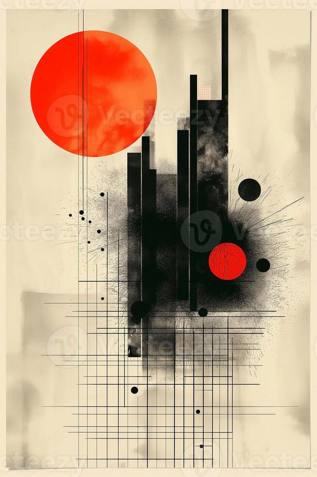 Abstract geometric artwork featuring bold red circles and sharp black lines, creating a striking visual contrast. photo