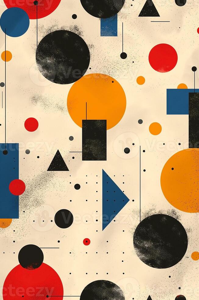 A vibrant abstract pattern featuring geometric shapes in red, blue, yellow, and black on a soft beige background. photo