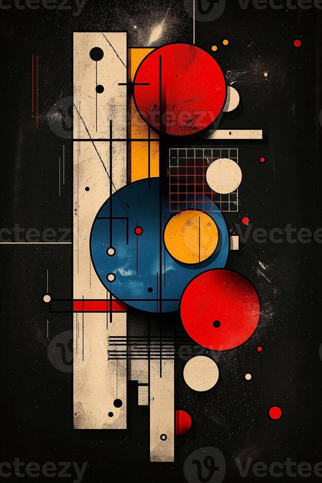 An abstract composition featuring bold shapes in red, blue, and yellow on a dark background, evoking a sense of modernity and creativity. photo