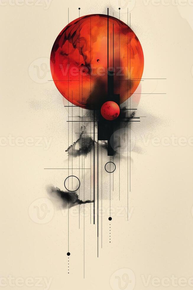 Abstract art featuring a large red planet against a minimalist background with geometric lines and shapes. photo