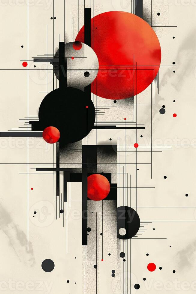 An abstract geometric artwork featuring bold circles and lines in red, black, and white, creating a striking visual contrast. photo
