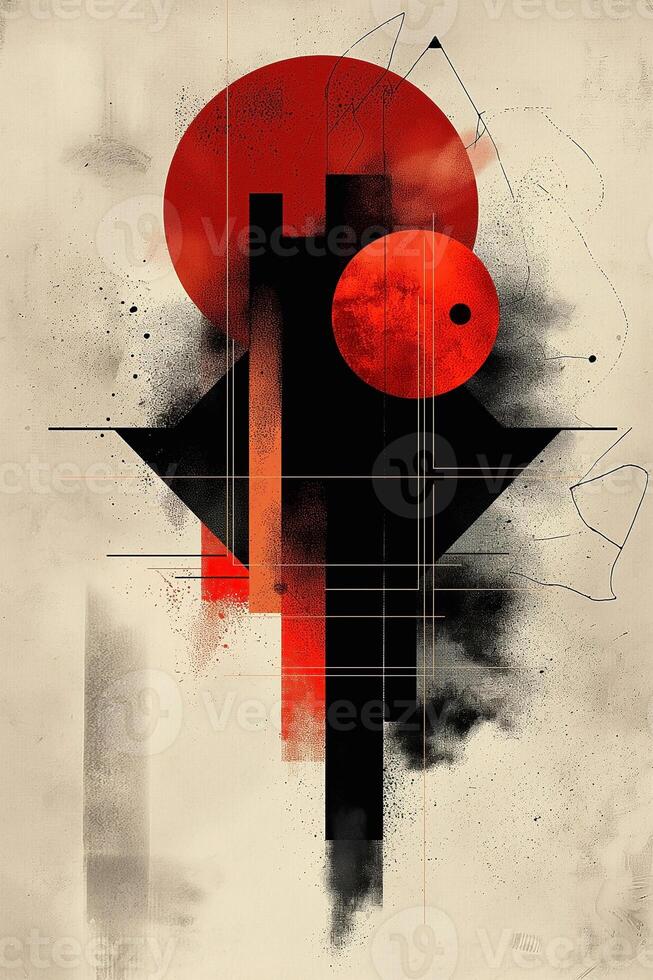 A striking abstract composition featuring bold red circles and geometric shapes against a muted background. photo