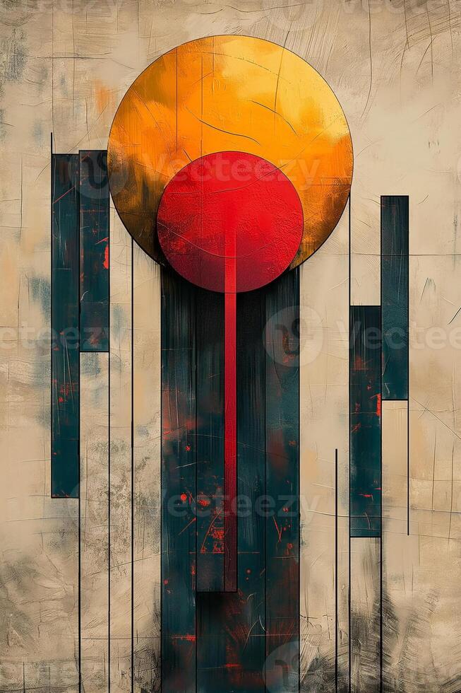 An abstract art piece featuring bold geometric shapes with a prominent yellow circle and a vibrant red center. photo