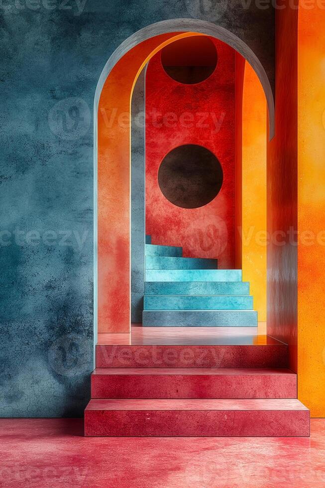 A vibrant abstract staircase featuring colorful arches and geometric shapes. photo