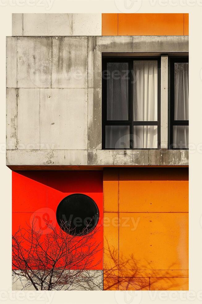 Modern architectural facade with contrasting orange and gray textures and a circular window, showcasing minimalistic design elements. photo