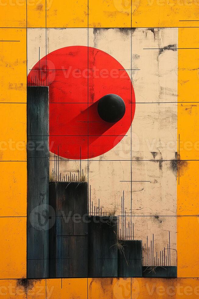 An abstract mural featuring a large red circle against a yellow background, with dark geometric shapes creating a dynamic contrast. photo