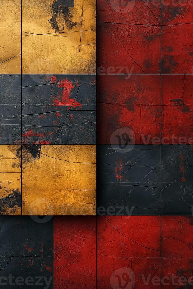 An abstract composition featuring a textured blend of red, black, and gold panels that create a striking visual contrast. photo