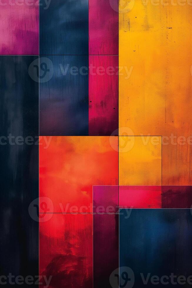 A vibrant abstract artwork featuring bold shades of purple, orange, and black in a stylish geometric layout. photo