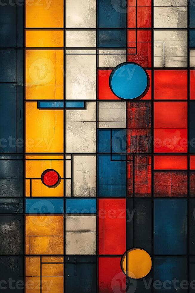 Geometric abstract art featuring blue, red, yellow, and white shapes in a grid layout. photo