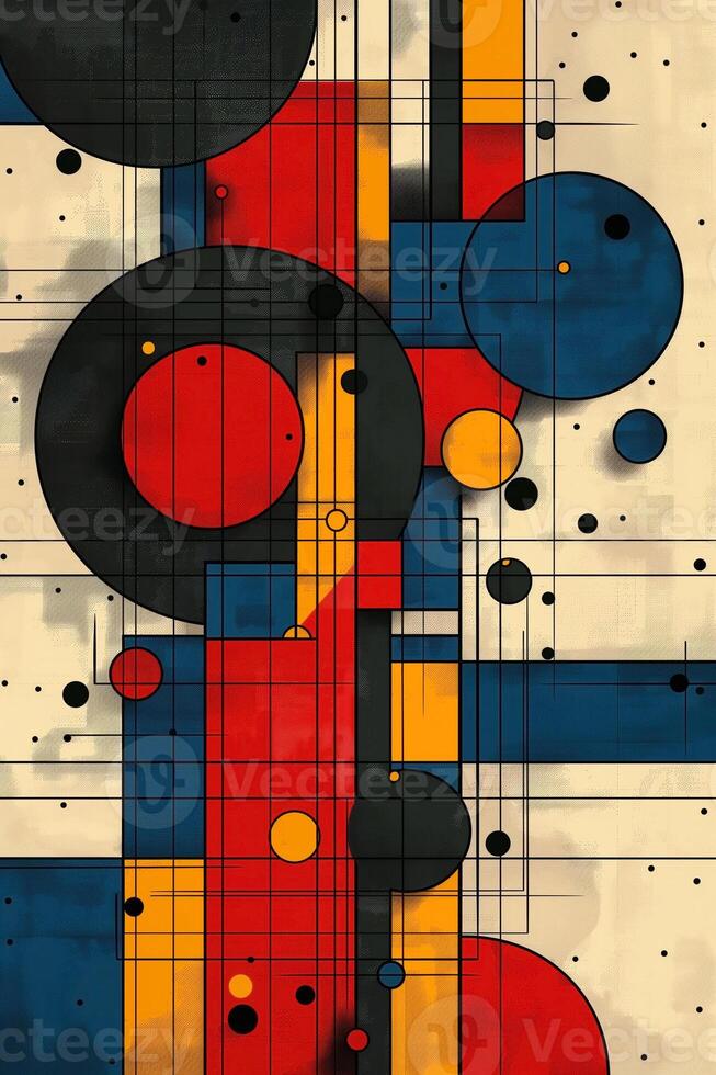 A vibrant abstract composition featuring geometric shapes in red, blue, and yellow against a cream background. photo