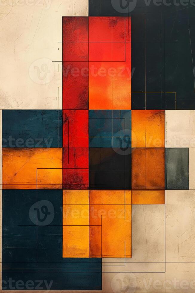 Geometric abstract art featuring bold colors and structured shapes creating a dynamic visual contrast. photo