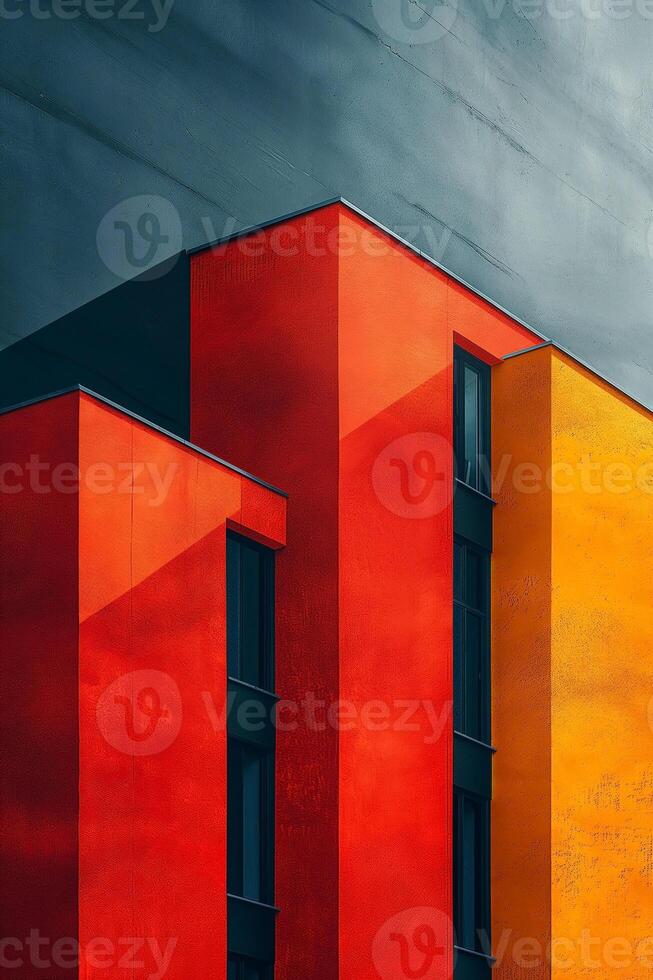 Vibrant red and yellow apartment buildings under a moody sky, showcasing modern architecture and striking color contrasts. photo