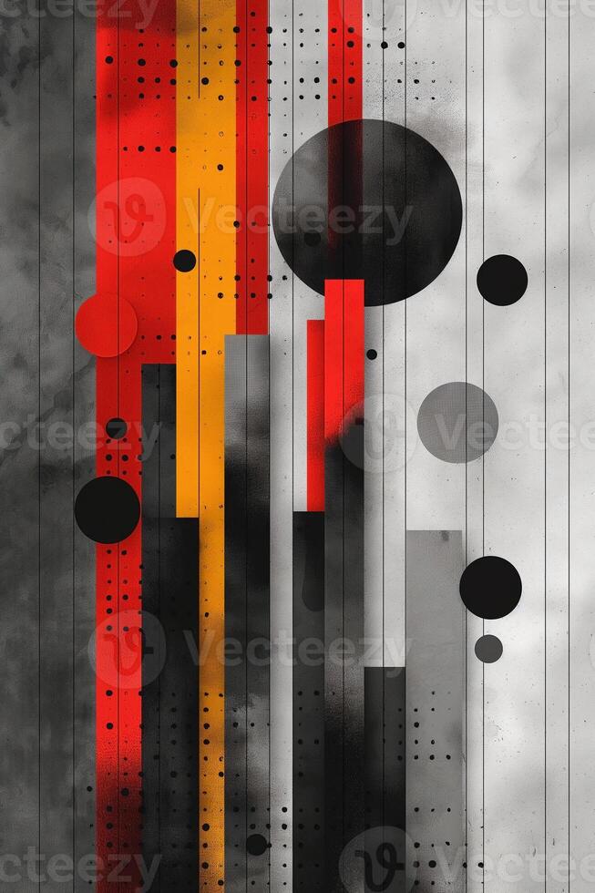 Abstract composition showcasing vertical lines and geometric shapes in red, yellow, and black tones. photo