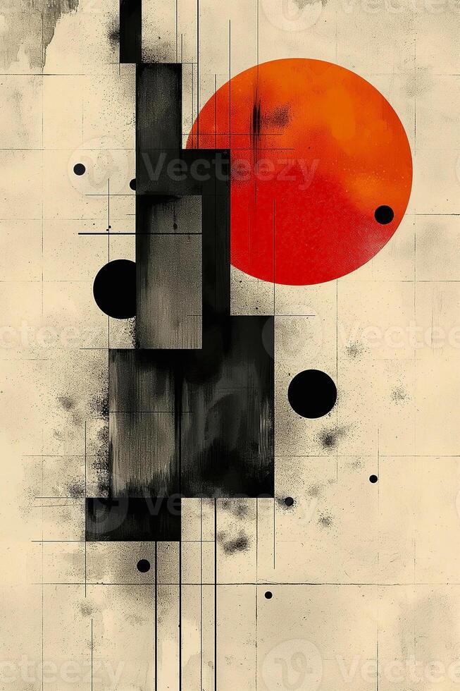 Abstract geometric artwork featuring bold black shapes and a striking red circle on a textured beige background. photo
