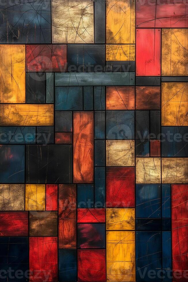 An abstract wall art piece featuring geometrically arranged blocks in vibrant hues of red, blue, yellow, and gold. photo