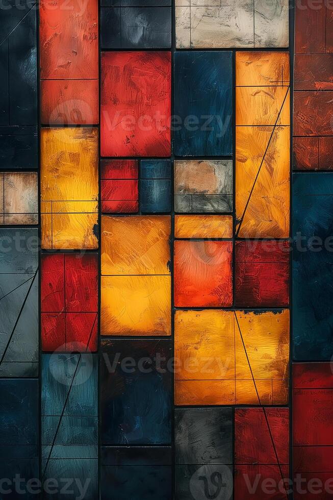 An abstract composition featuring vibrant blocks of red, yellow, orange, and blue, creating a dynamic interplay of colors and textures. photo