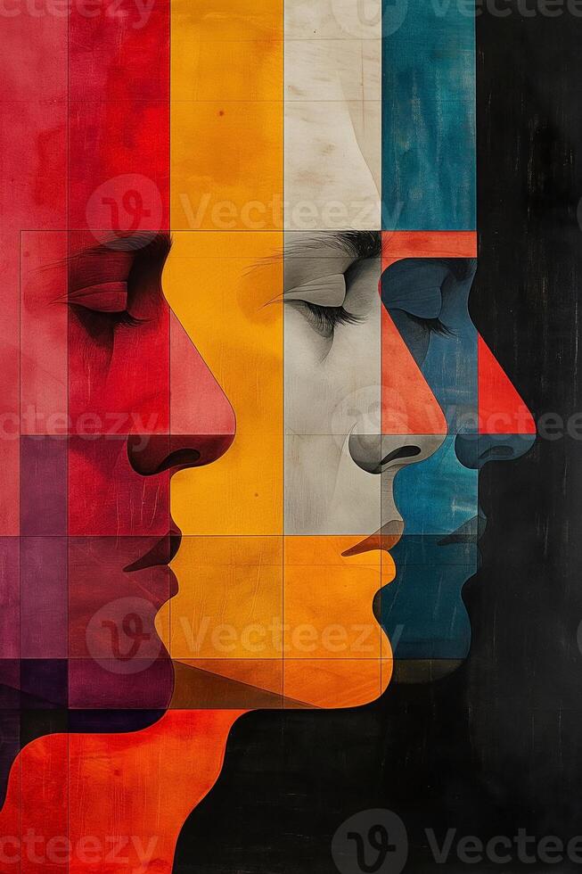 Three abstract profiles in vibrant colors, showcasing diverse emotional expressions and artistic styles. photo