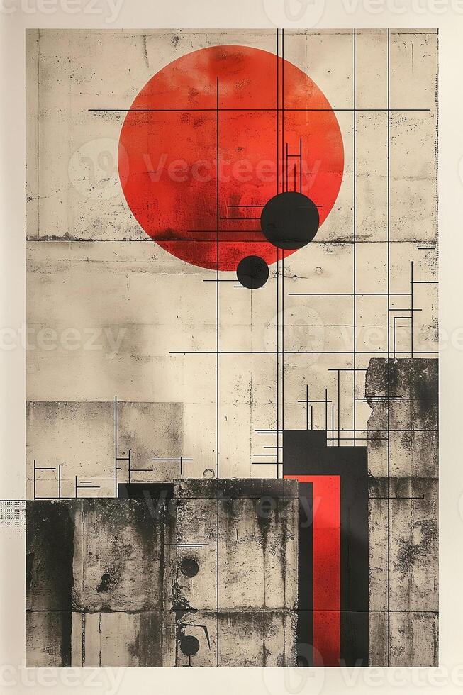 An abstract composition featuring a bold red circle against a textured concrete backdrop, creating a striking visual contrast. photo