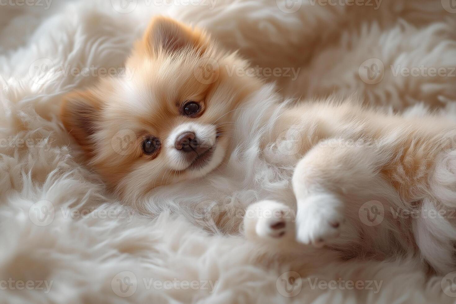 Adorable fluffy Pomeranian puppy resting on a cozy white blanket, showcasing its playful demeanor and bright eyes. photo