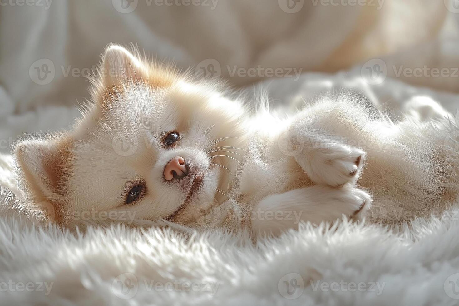 A fluffy white Pomeranian puppy relaxing on a soft, cozy blanket in warm sunlight. photo