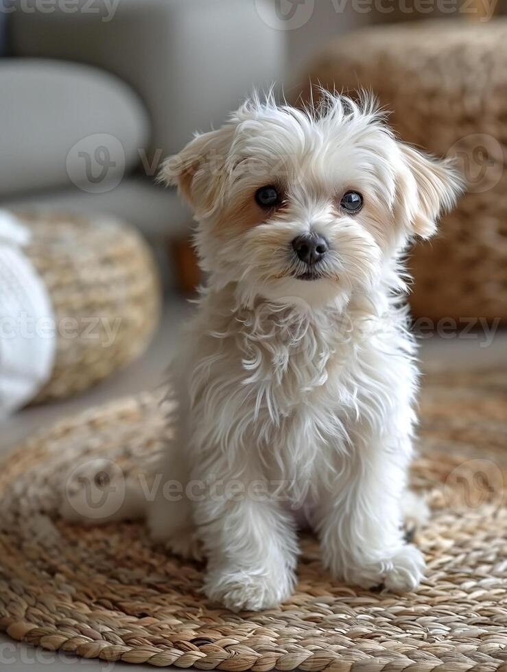 Adorable small Maltese dog with fluffy white fur sitting on a woven rug in a cozy living room. photo