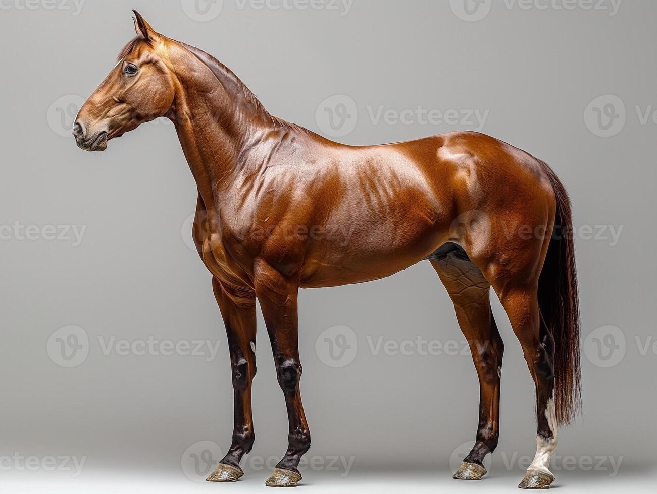 A majestic brown horse stands gracefully, showcasing its strong physique and shiny coat against a neutral background. photo