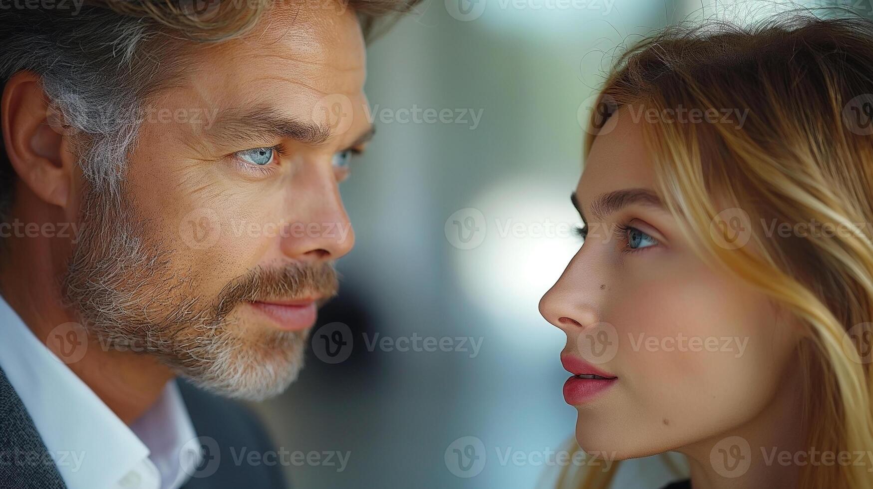 A striking close-up of a man and woman gazing into each other's eyes, featuring contrasting features and captivating expressions. photo
