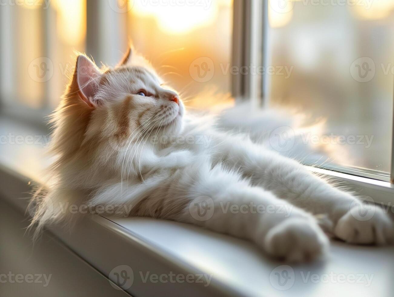 A peaceful ginger cat lounging by the window, basking in the warm golden light of sunset. photo