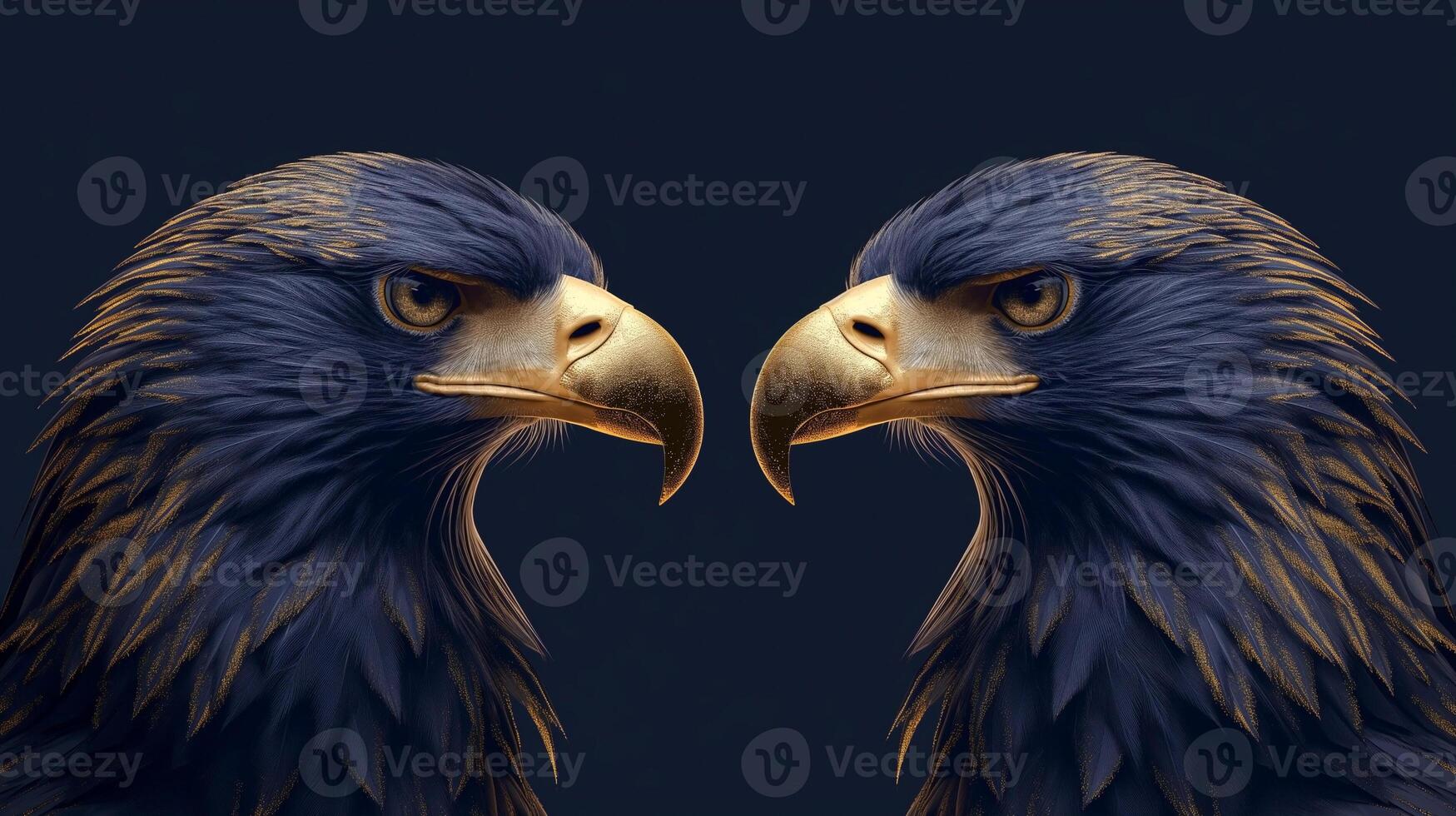 Two majestic eagles face each other, showcasing their fierce eyes and sharp beaks against a dark background. photo