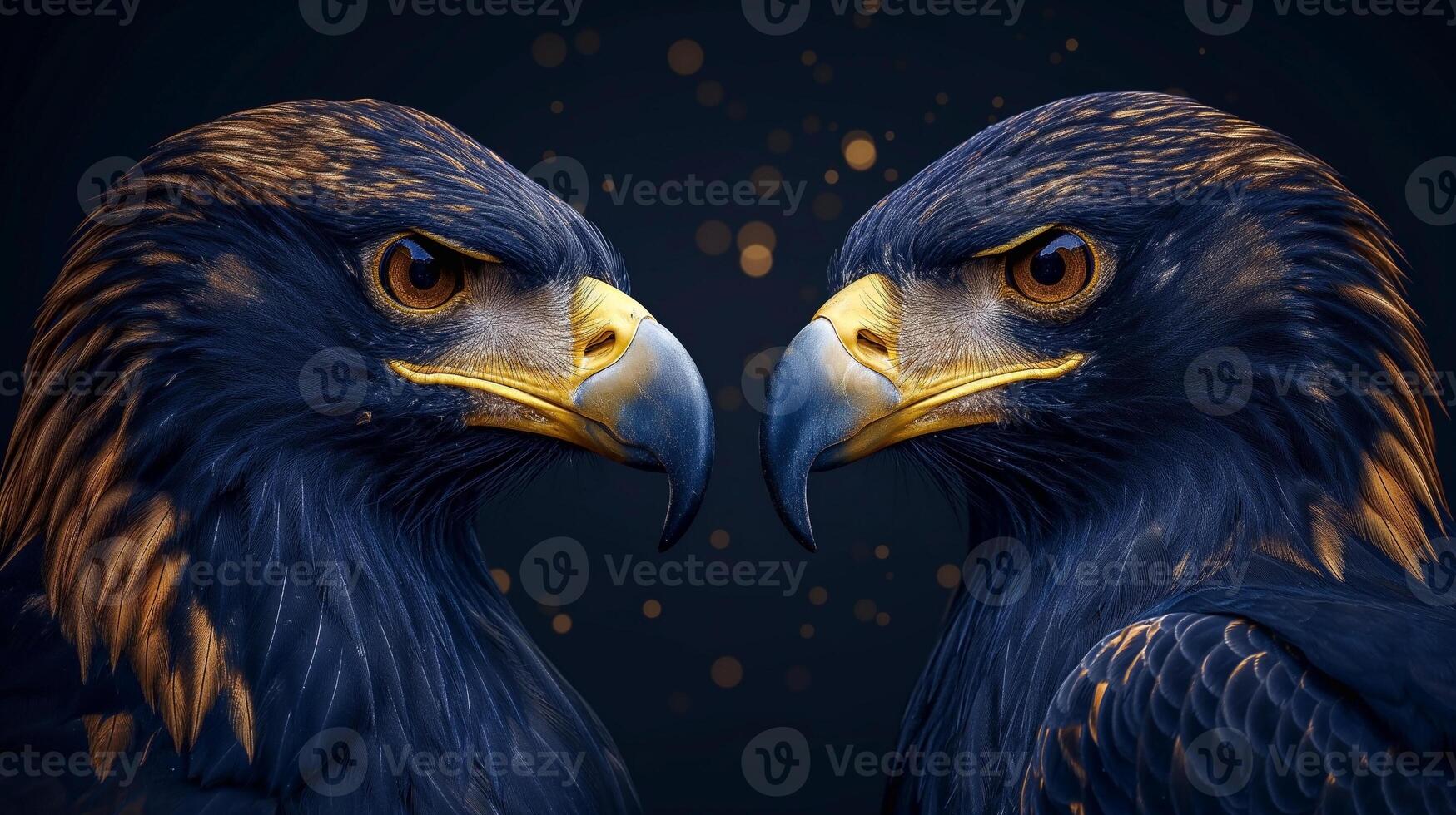 Two majestic golden eagles face each other, showcasing their piercing eyes and powerful beaks against a dramatic dark background. photo