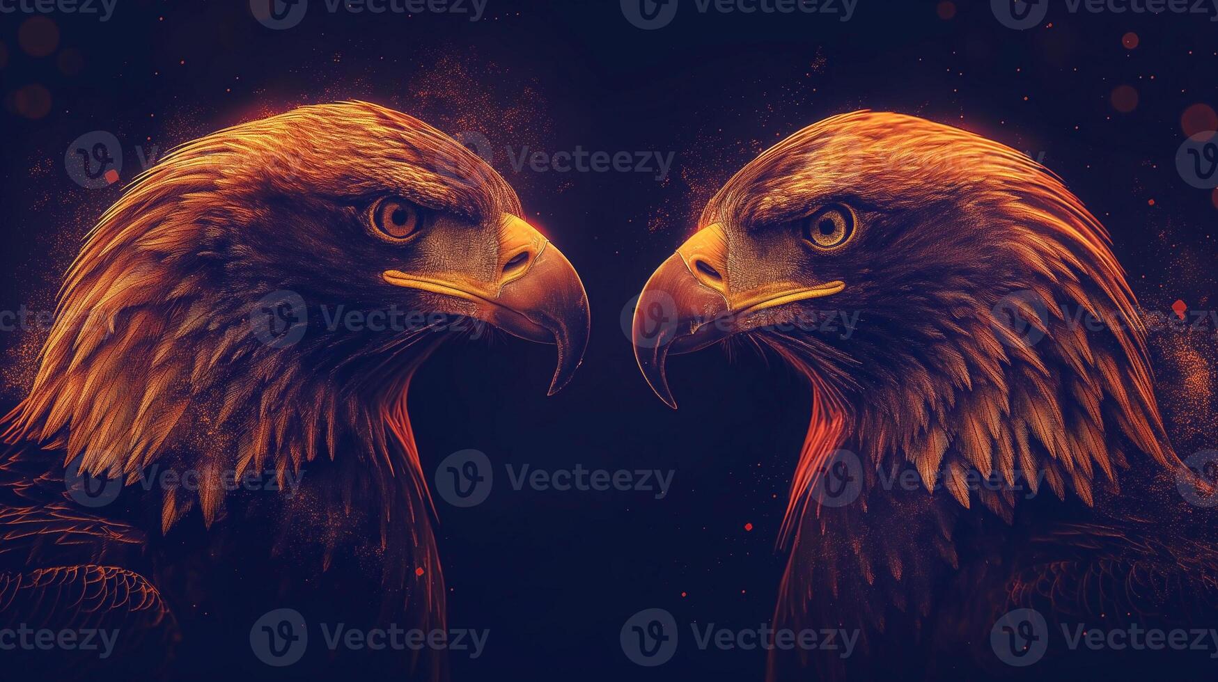 Two majestic golden eagles face each other, their fierce expressions highlighted against a dramatic dark background. photo