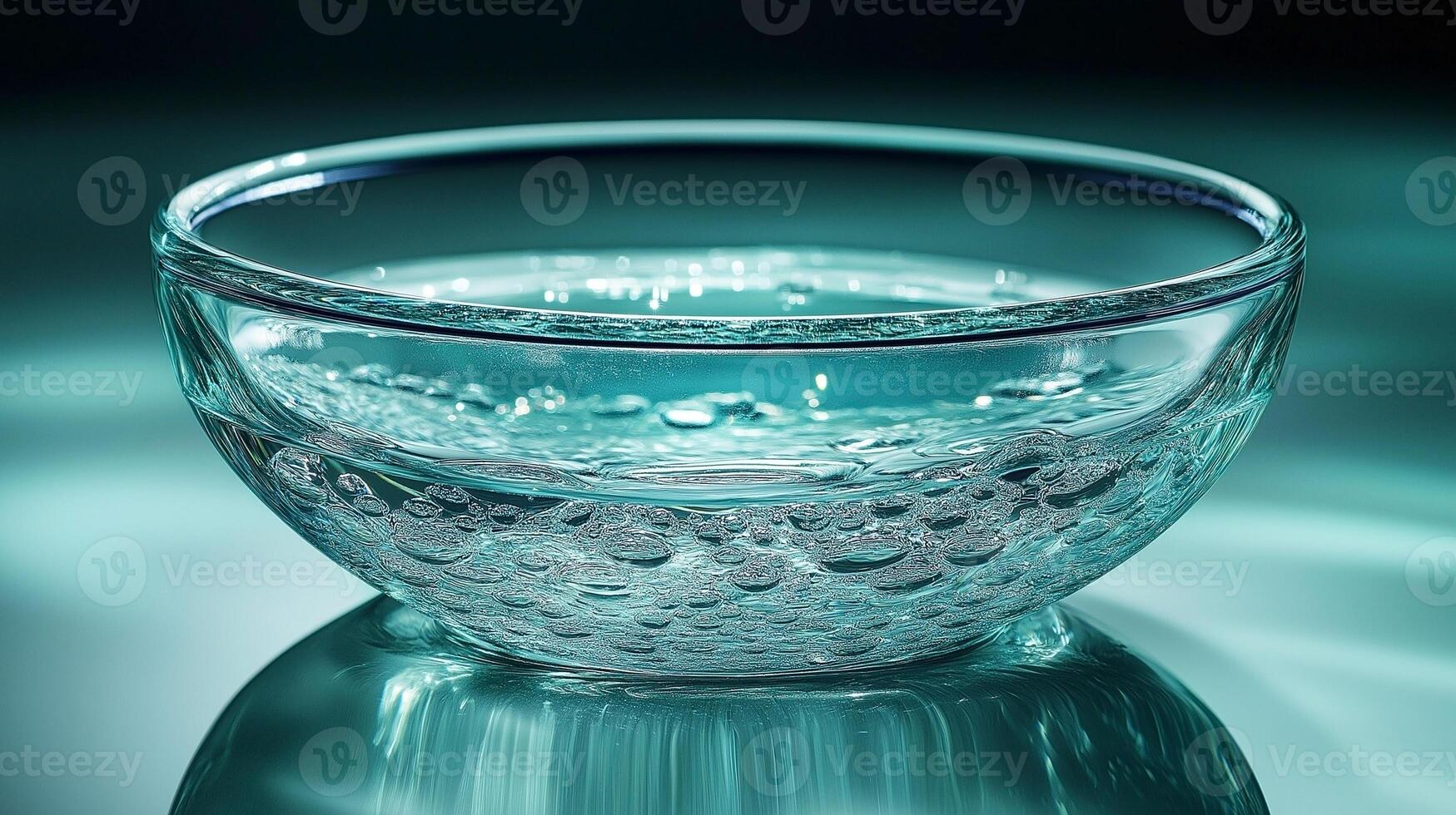 A close-up of a glass bowl filled with water, showcasing trapped air bubbles and a captivating turquoise hue. photo