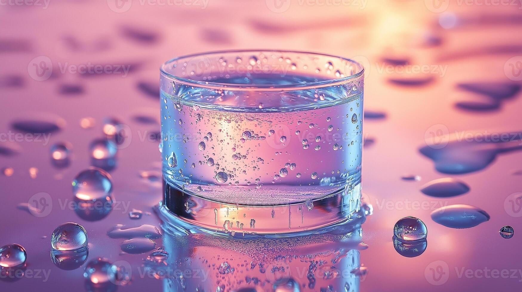 Close-up of a glass of water surrounded by droplets on a vibrant purple and orange background. photo