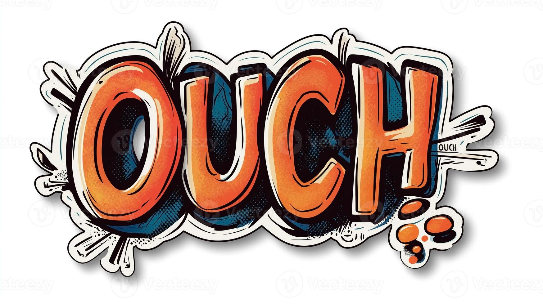 Vibrant graphic text 'OUCH' in bold orange and blue, embodying a comic book style with dynamic effects. photo