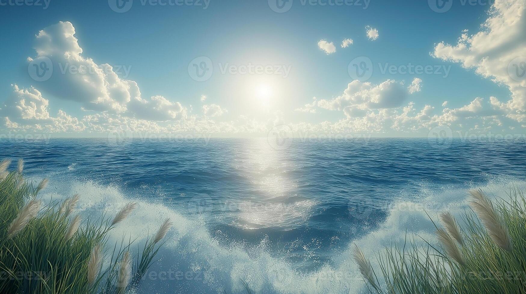 A serene view of the ocean at sunrise, with gentle waves and soft grasses framing the scene. photo