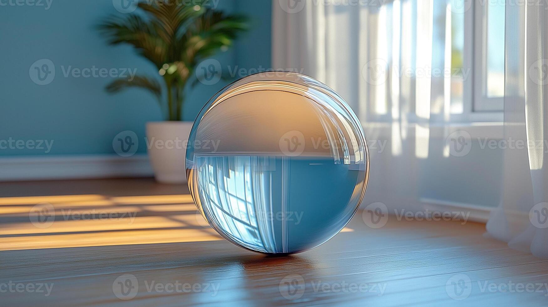 A serene glass sphere reflecting light in a bright, airy room, enhancing the cozy atmosphere. photo