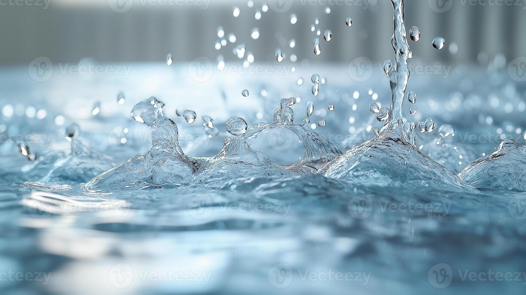 Close-up of water droplets splashing in clear blue water, creating a dynamic and serene effect. photo