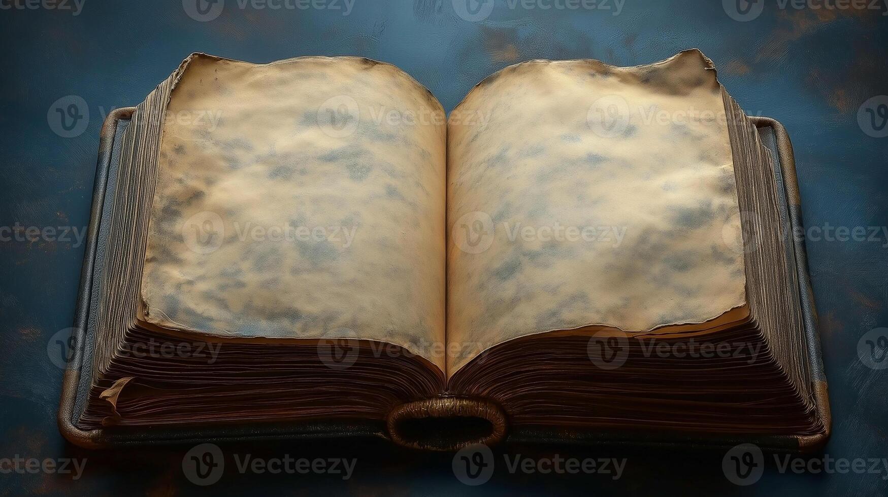 An ancient, open book with yellowed pages rests against a textured background, evoking a sense of history and mystery. photo
