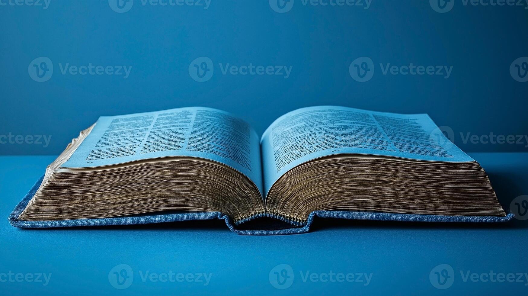 An open book with yellowed pages lies on a light blue background, showcasing its intricate text and aged appearance. photo