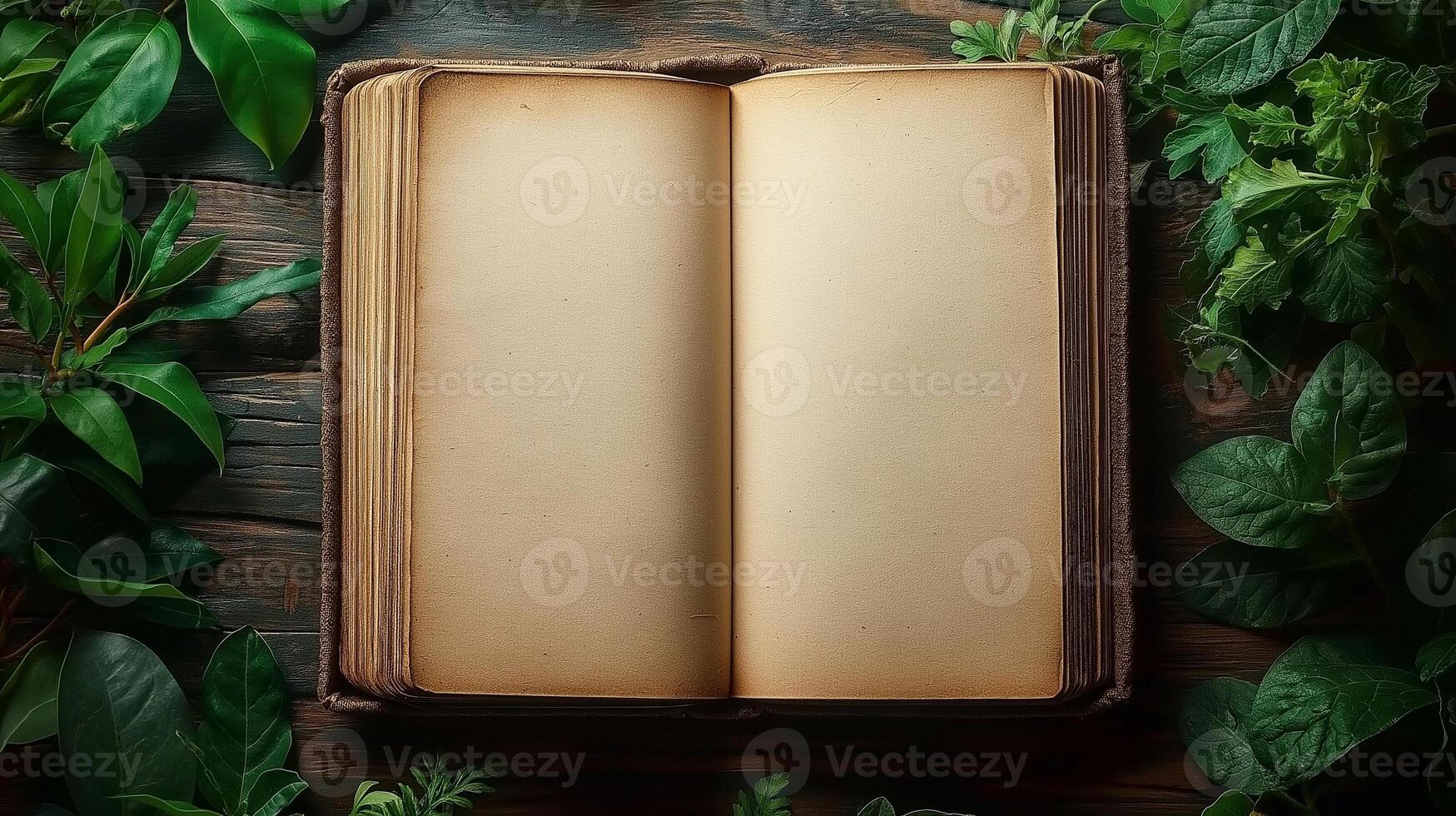 An open, blank book surrounded by vibrant green foliage, inviting creativity and imagination. photo