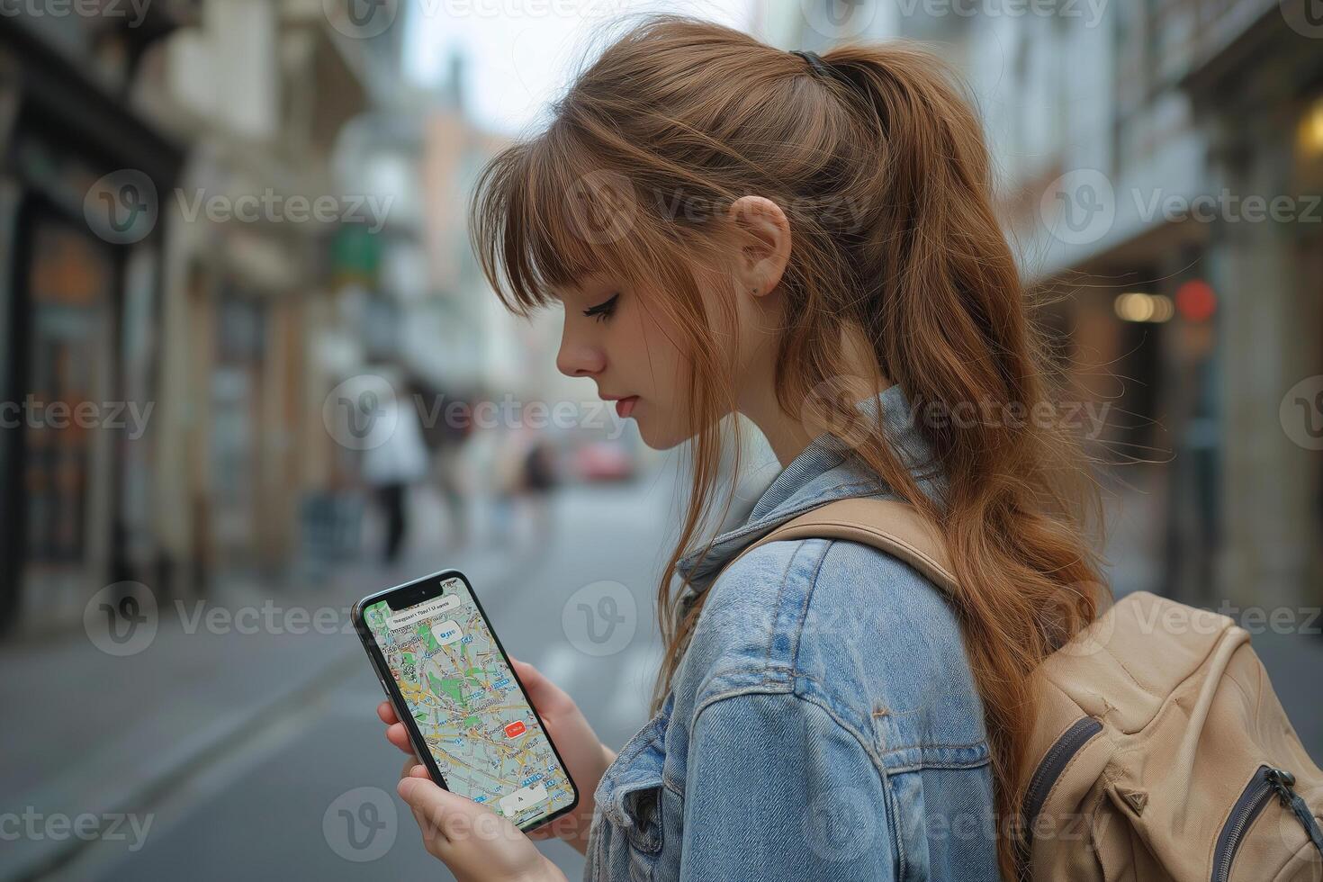 A young Caucasian woman with long brown hair checks her phone's map in a trendy urban street, exuding curiosity and focus. photo