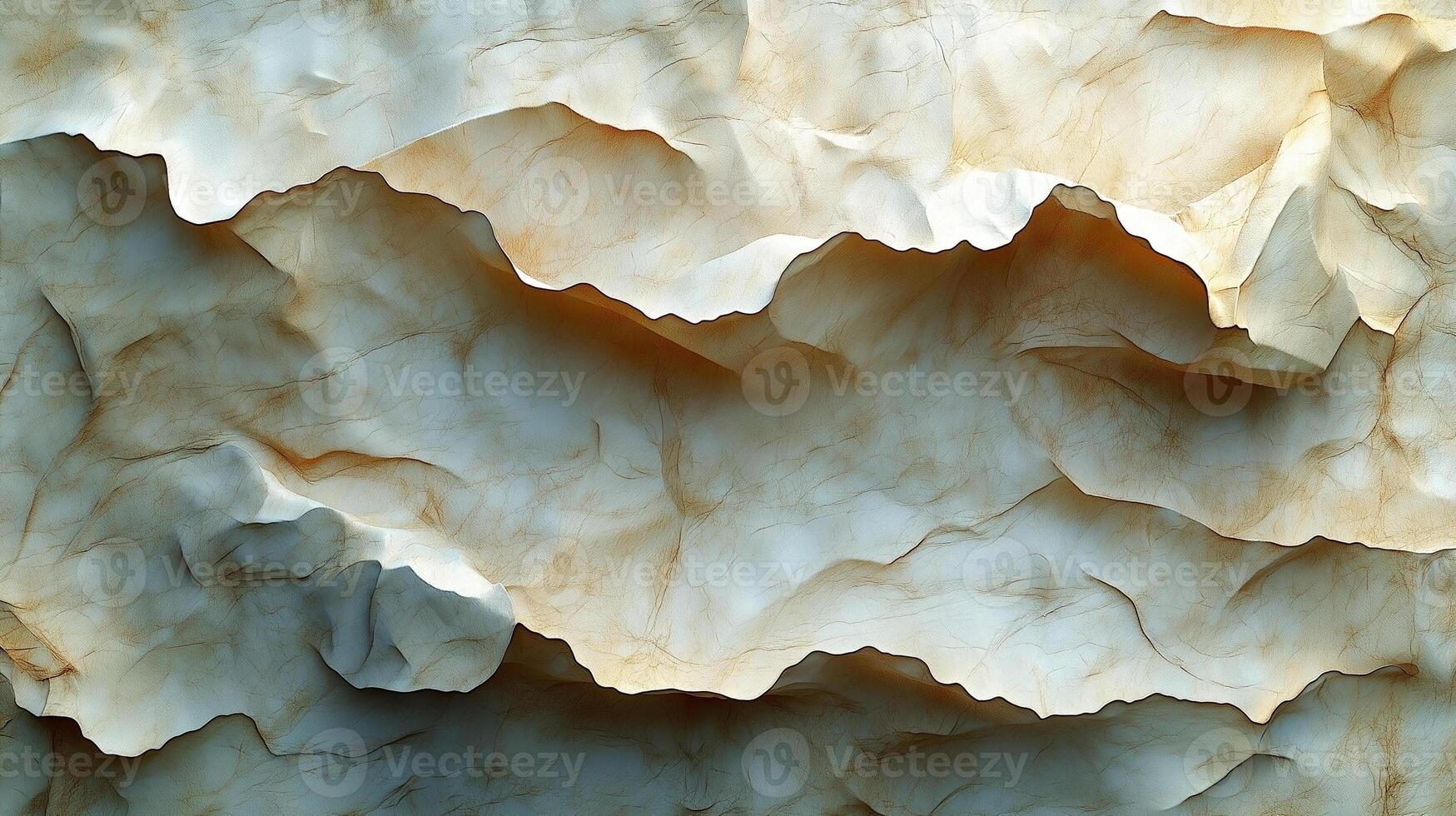Textured abstract landscape resembling crumpled paper with soft blue and warm beige tones. photo