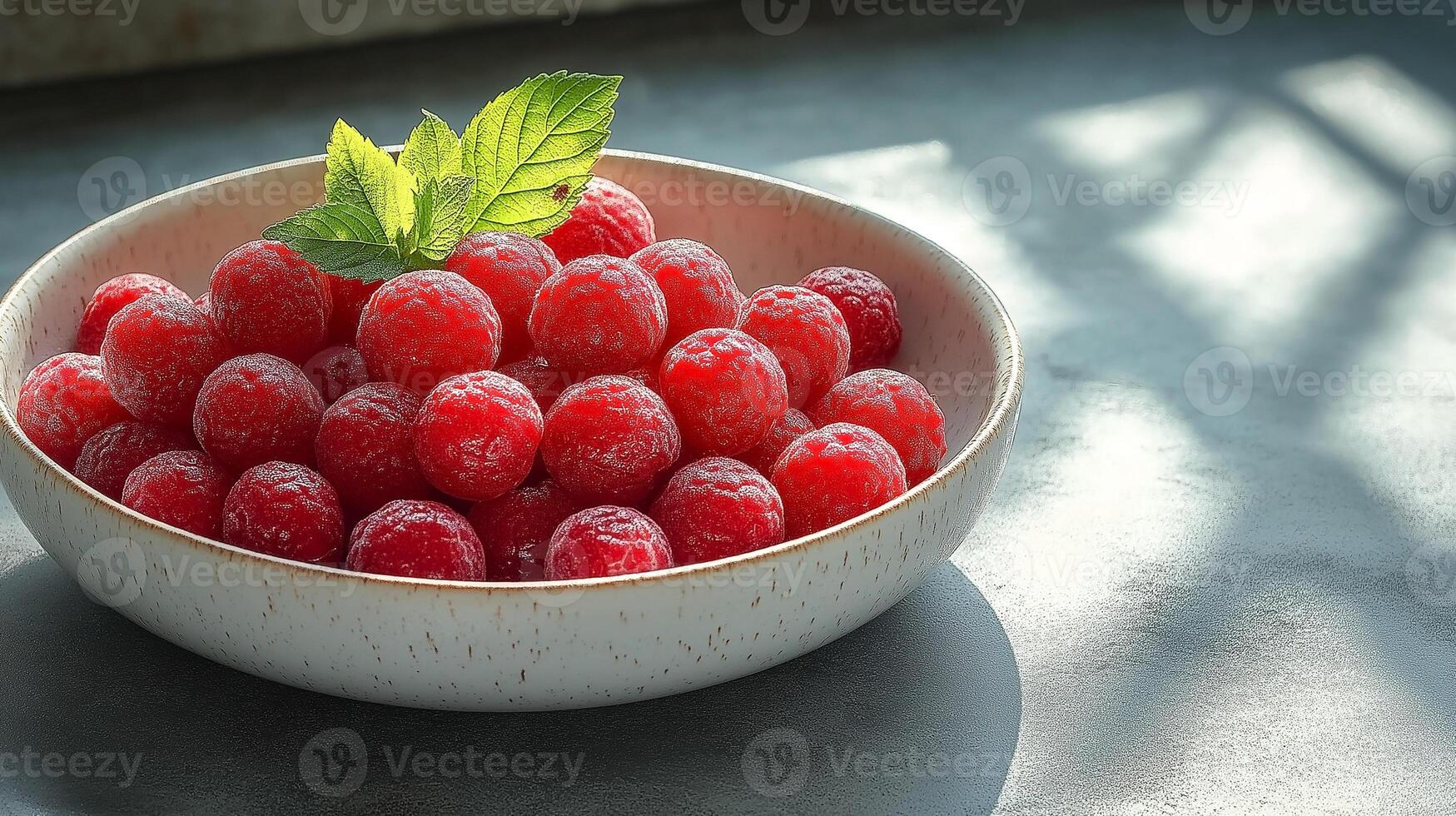 A pristine bowl filled with vibrant red raspberries topped with a fresh mint leaf, showcasing a refreshing and healthy snack. photo