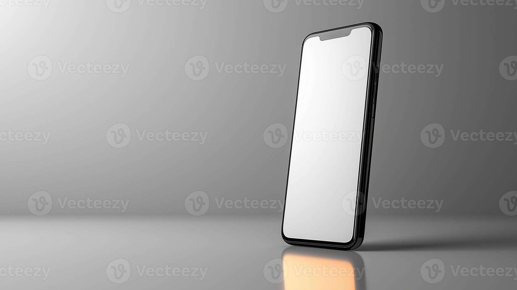 A sleek black smartphone with a blank screen, artistically positioned on a reflective surface with a subtle gradient background. photo