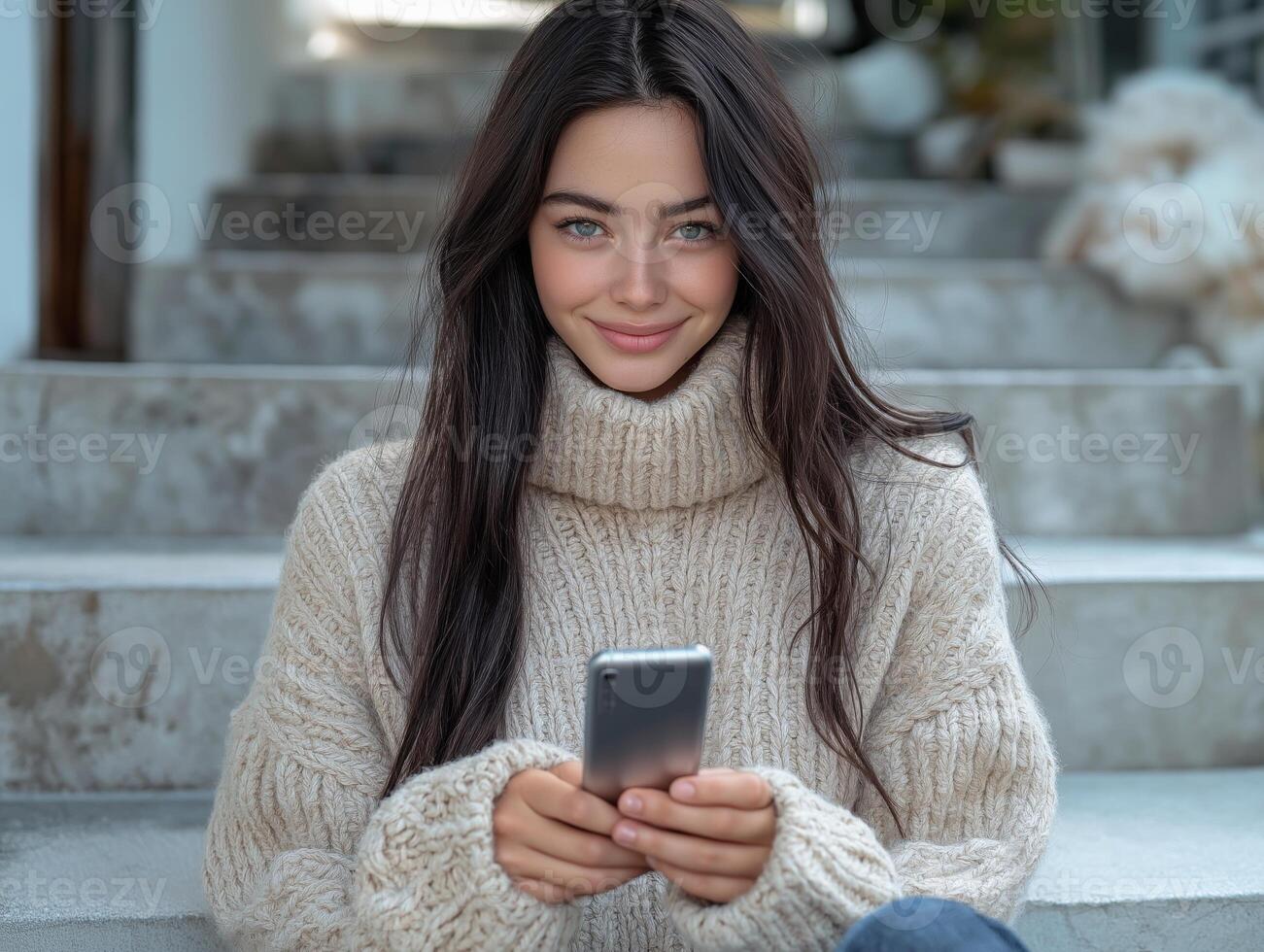 Young woman with long dark hair in a cozy sweater, smiling while using her smartphone on outdoor steps. photo