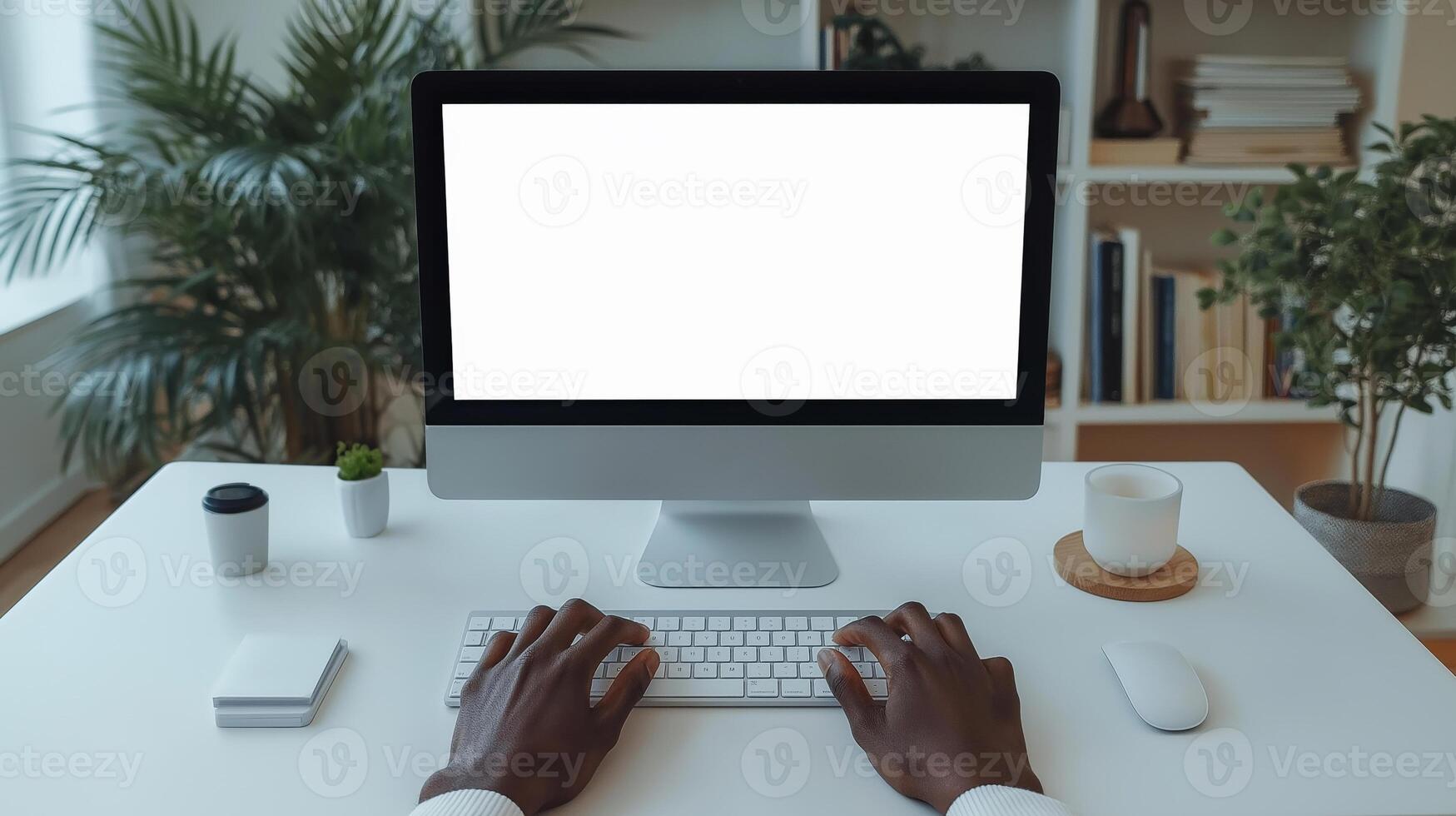 A Black man types on a sleek computer keyboard in a modern workspace filled with plants and natural light. photo